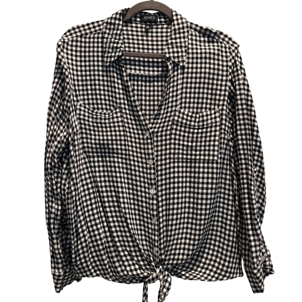 Jones New York Button Down Shirt XL Black Gingham Tie Front Roll Tab Sleeves